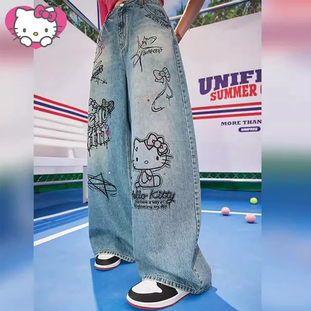 Streetwear Hello Kitty Wide Leg Pants Y2K Sanrio Jeans Women Vintage Blue Casual Loose Straight Trousers Cartoon Fashion Pants