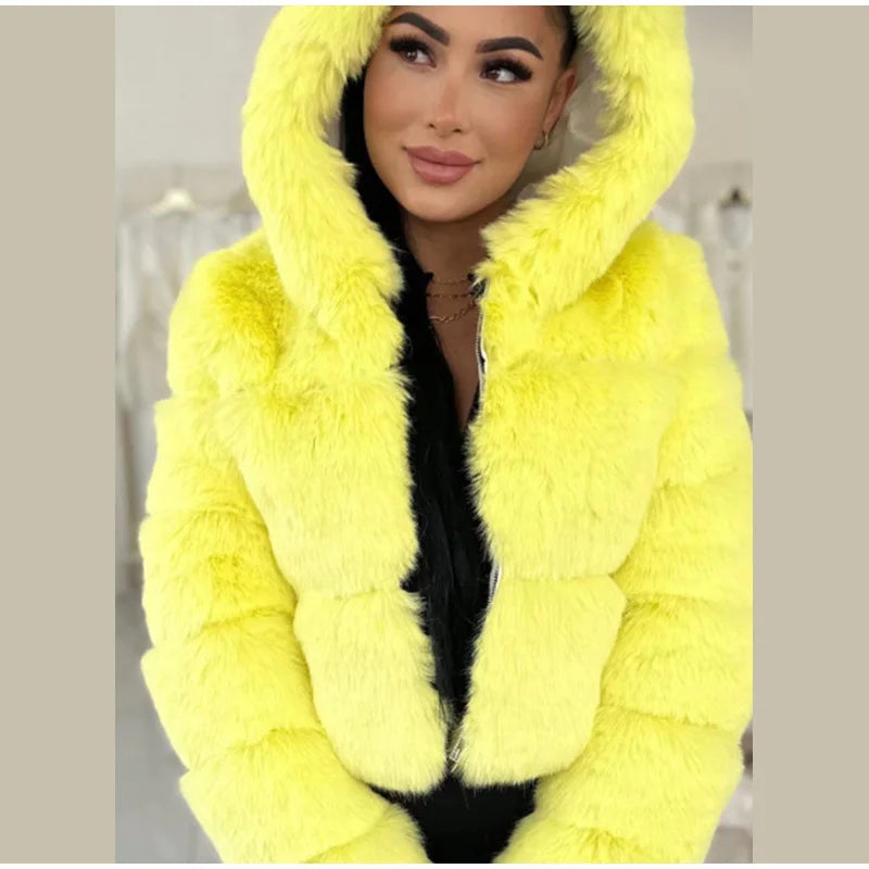 Solid Short Hooded Faux Fur Coat Women Chic Full Sleeve Zipper Cropped Loose Warm Coats Lady Winter Daily Highstreet Outerwears