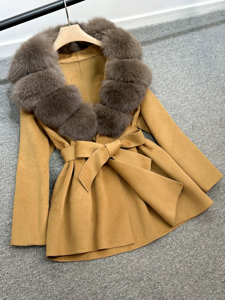 Janveny Wool Coat Women 2025 New Winter Autumn Cashmere Coats Luxury Real Fox Fur Collar Ladies Elegant Belt Design Outwear