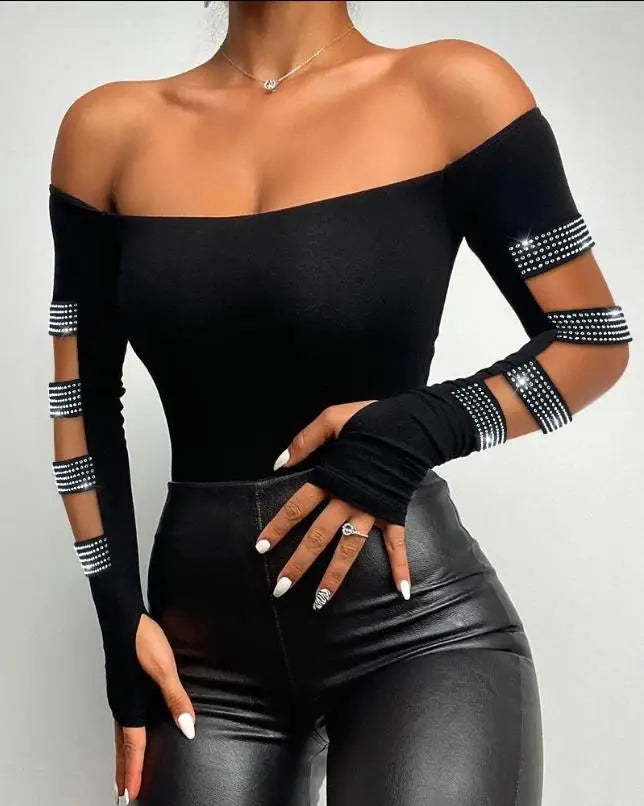 Bodysuit for Women 2022 Beaded Cold Shoulder Long Sleeve Bodysuit 2022 Autumn Europe and America Fashion Women's Clothing