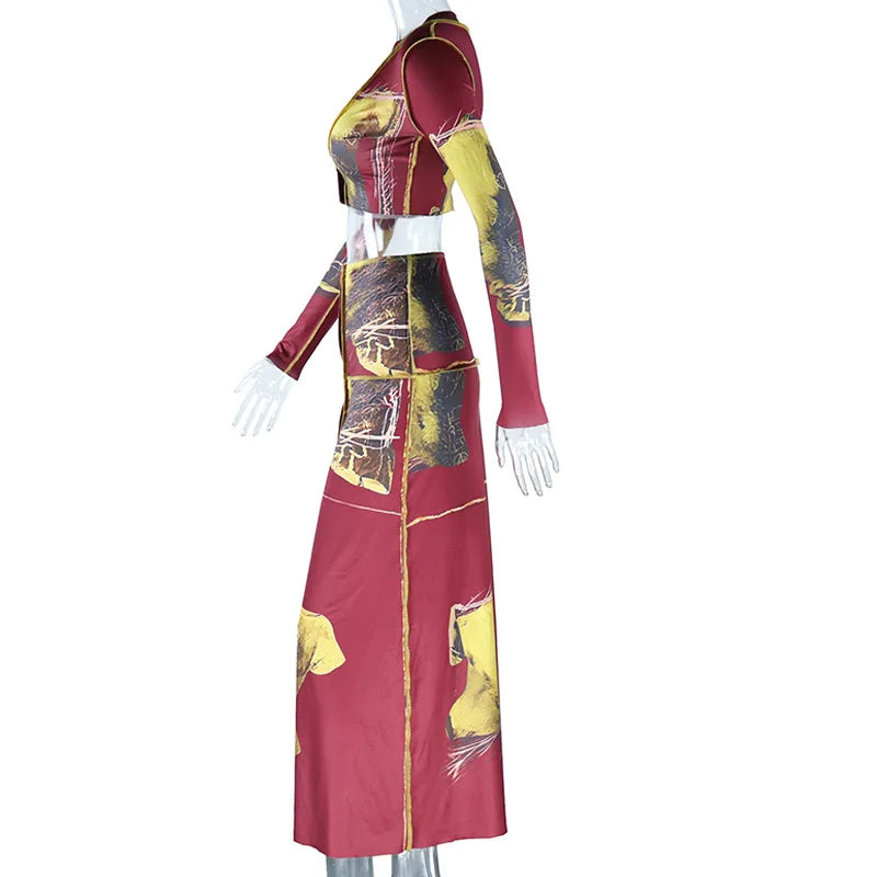Leosoxs Two Piece Skirt Sets African Outfits Women Long Sleeve Crop Top + Single Breasted Skirts Suit Female Streetwear Clothing