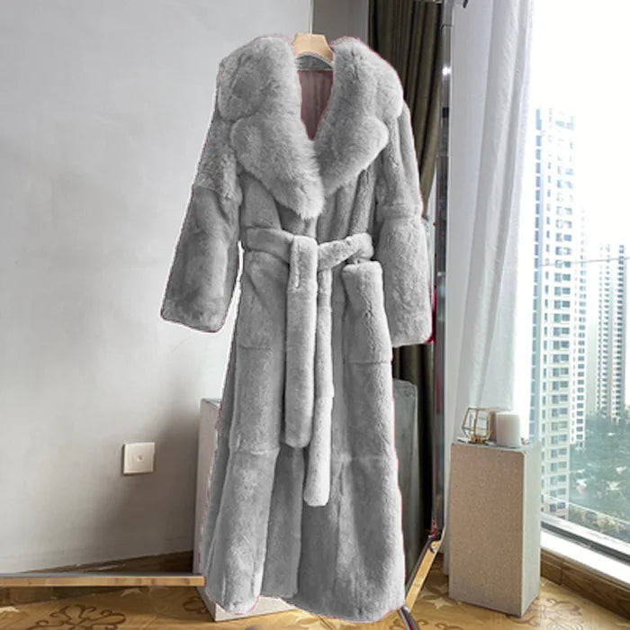 New Faux Fur Coat Women's Mid-Length Coat Fashion Loose Belly Covered Tide Sashes Winter Warm Outwear Solid Color