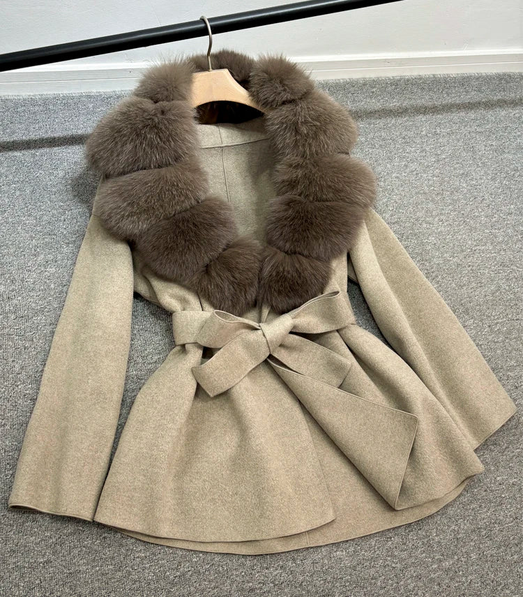 Janveny Wool Coat Women 2025 New Winter Autumn Cashmere Coats Luxury Real Fox Fur Collar Ladies Elegant Belt Design Outwear
