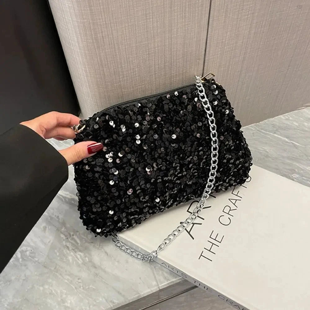 Solid Color Sequins Crossbody Bag Simple INS Chain Sequins Shoulder Bag Pocket Bag Phone Bag Small Square Bag Dinner Party