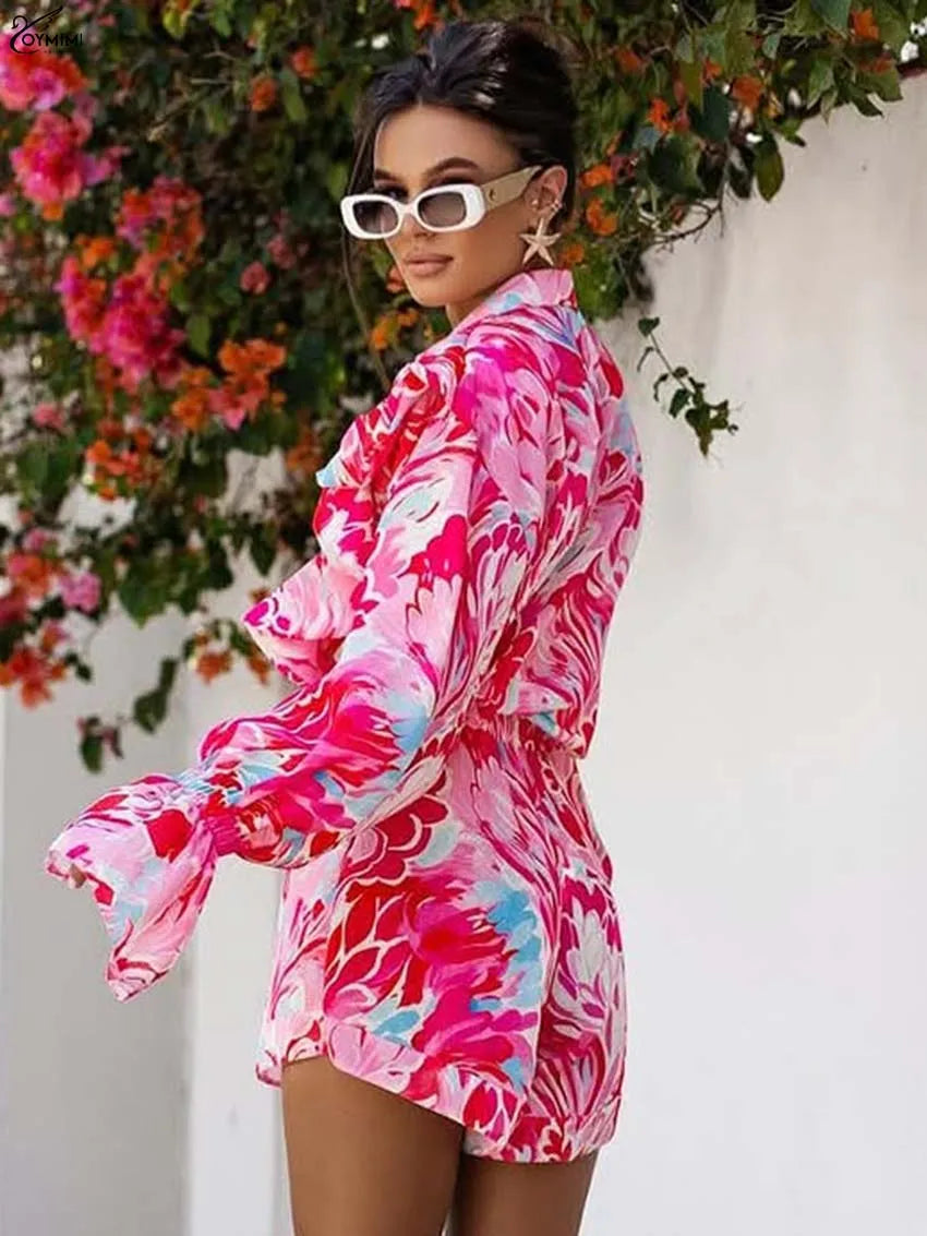 Oymimi Elegant Pink Print 2 Pieces Set For Woman Fashion Lapel Long Sleeve Ruffled Button Shirts And High Waisted Shorts Sets