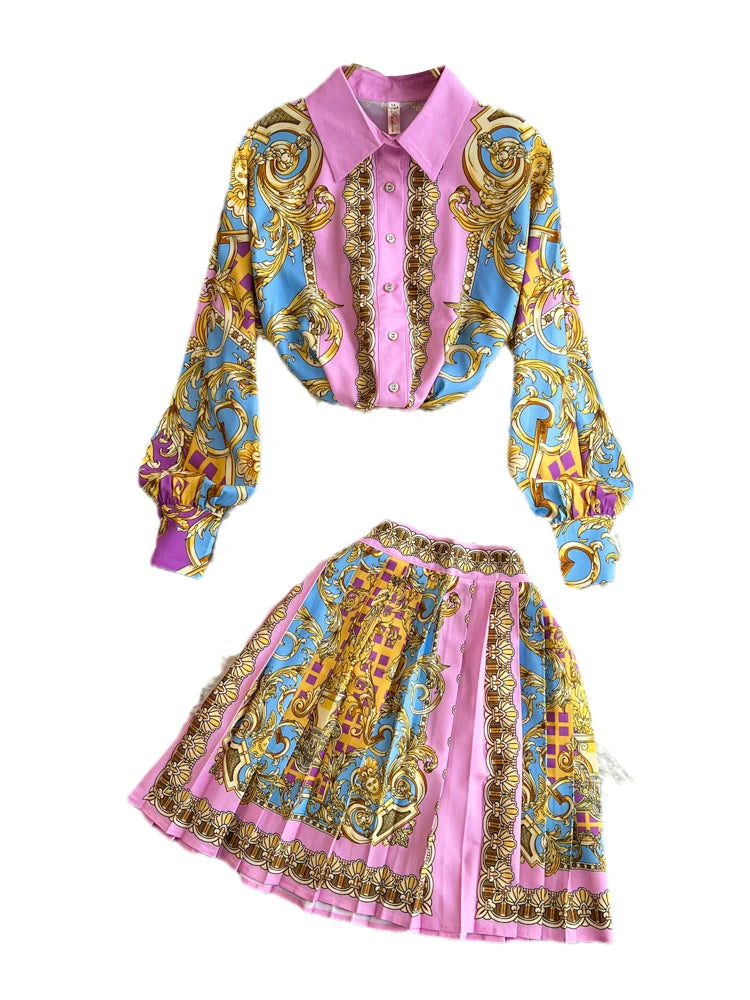 Spring Summer Vintage Short Skirt Two Piece Set for Women Fashion High Waist and Shirts Top 2 Piece Sets Pleated Skirts Outfits