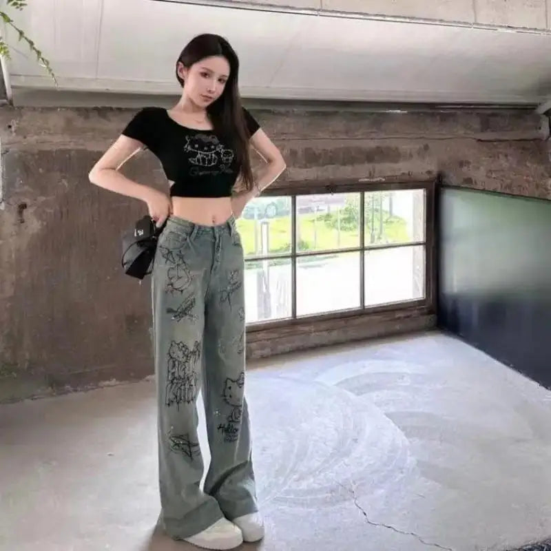 Streetwear Hello Kitty Wide Leg Pants Y2K Sanrio Jeans Women Vintage Blue Casual Loose Straight Trousers Cartoon Fashion Pants