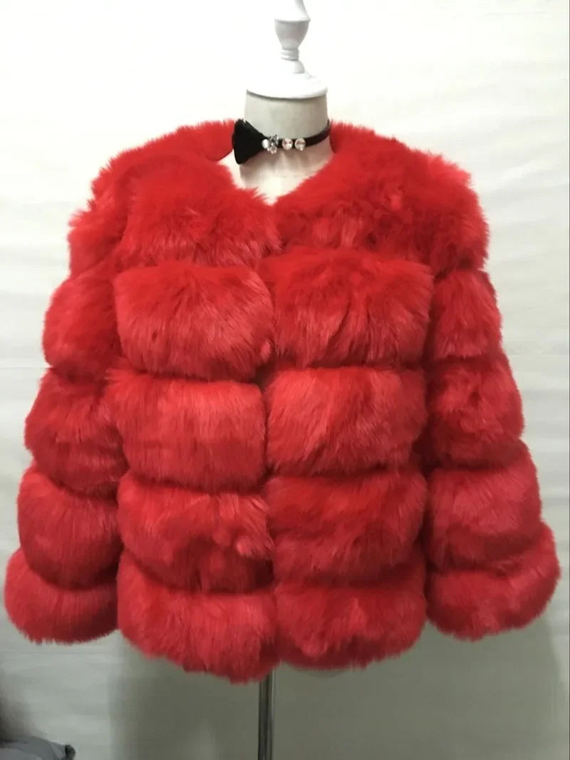Faux Fur Women Coats Solid Round Neck Full Sleeve Coat Thick Warm Fox Short Open Stitch Elegant Splice Autumn Winter 2024