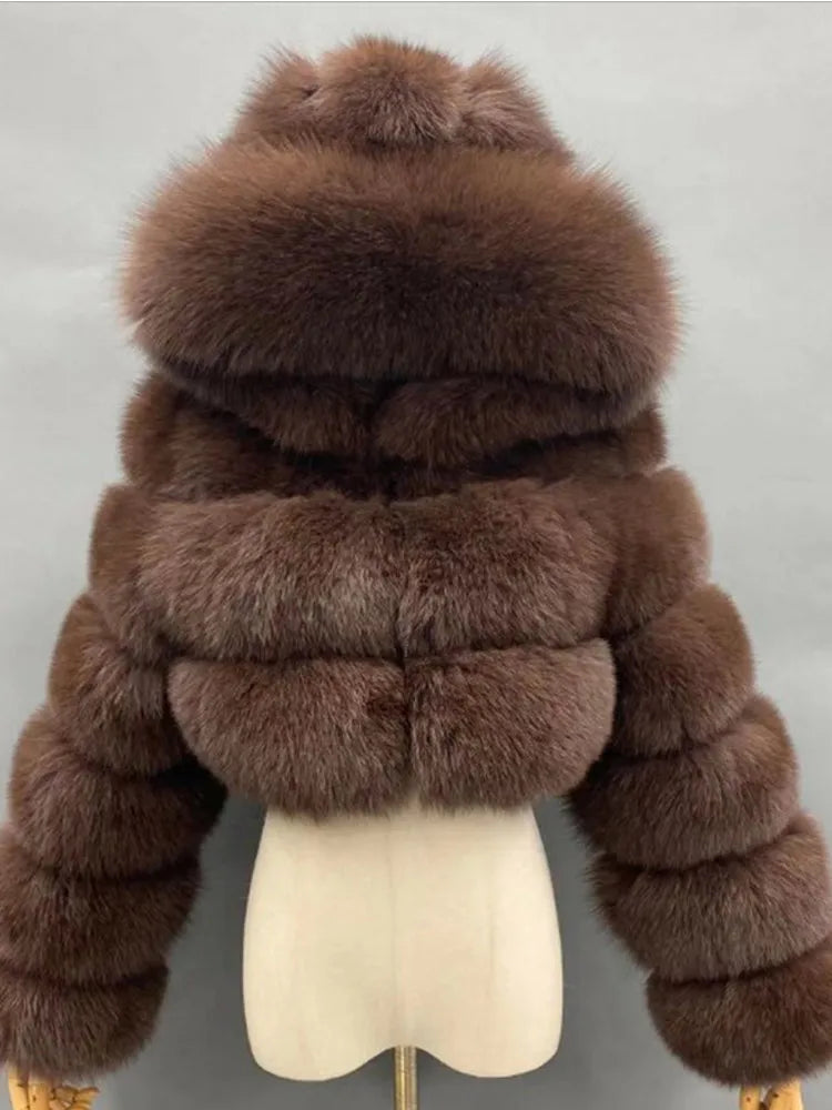 Solid Short Hooded Faux Fur Coat Women Chic Full Sleeve Zipper Cropped Loose Warm Coats Lady Winter Daily Highstreet Outerwears