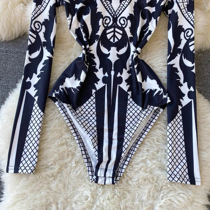 Women Bodysuit 2025 New Spring Fashion Diamonds Long Sleeve T-shirt Casual Streetwear Floral Print Sexy Skinny Bodycon Tops