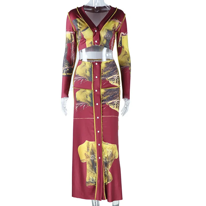 Leosoxs Two Piece Skirt Sets African Outfits Women Long Sleeve Crop Top + Single Breasted Skirts Suit Female Streetwear Clothing