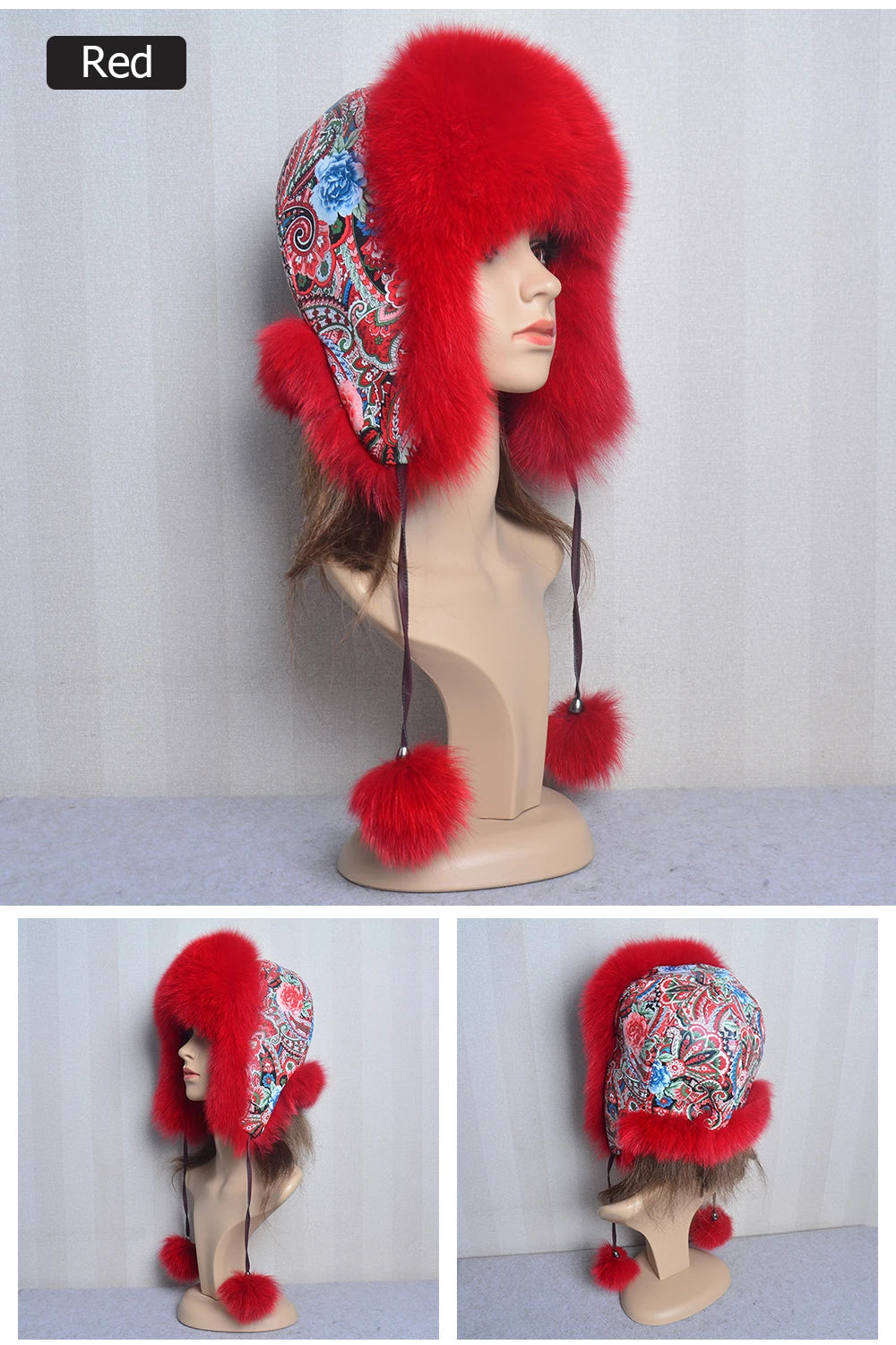 Winter Fur Hat for Women Hat with Ear Real Fox Fur Caps Russian Women Bomber Hats Bonnets Trapper Cap Camo Fox Hat Wholesale