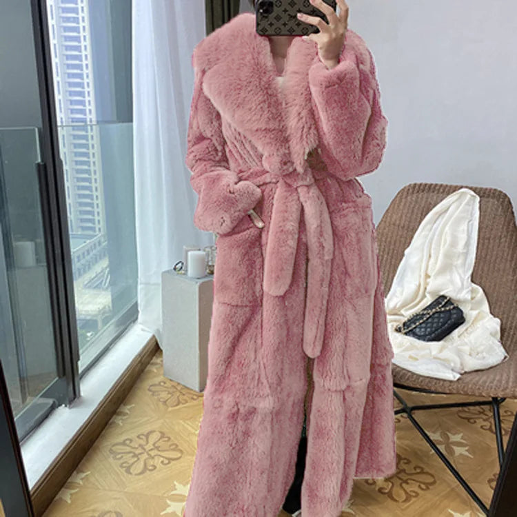 New Faux Fur Coat Women's Mid-Length Coat Fashion Loose Belly Covered Tide Sashes Winter Warm Outwear Solid Color