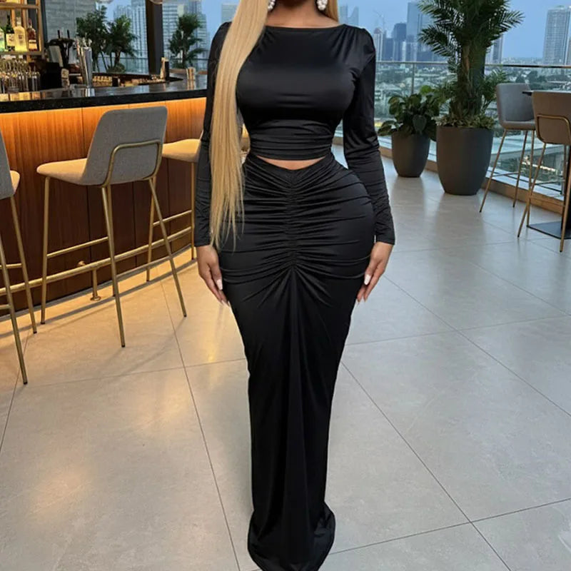 Doyerl Elegant Bodycon Maxi Dress Sets Woman 2 Piece Club Outfit Party Long Sleeve Top + Long Skirt Matching Set Ensembles Robes