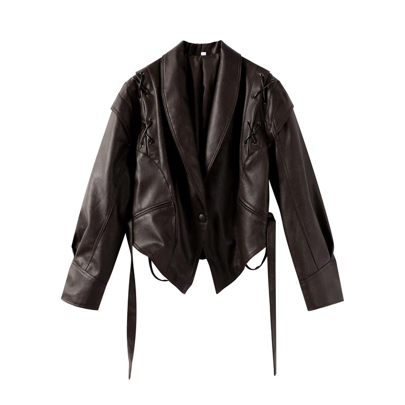 Women Leather Bomber Jackets Coats With Belt Notched Shoulder Pads Motorcycle Street Chic Short Outwear Fashion Solid Lace Up