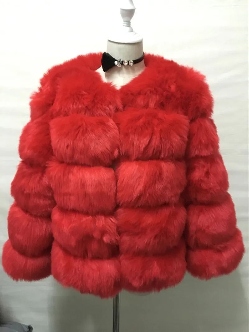 Faux Fur Women Coats Solid Round Neck Full Sleeve Coat Thick Warm Fox Short Open Stitch Elegant Splice Autumn Winter 2024
