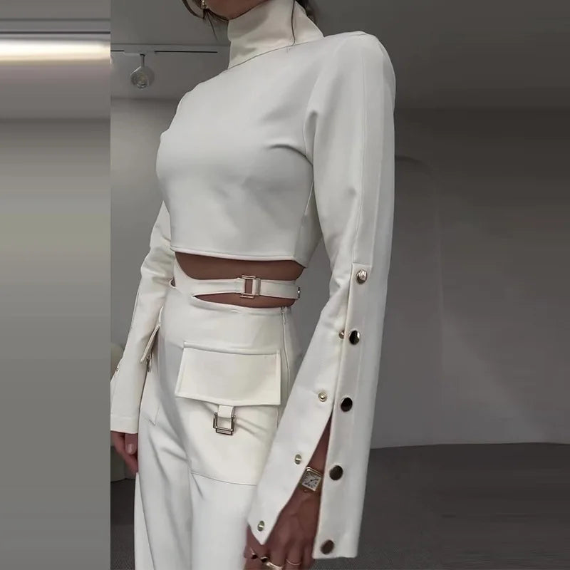 Women Pant Set Work Two Piece Sets Turtleneck Full Sleeve Tops Sexy Wide Leg Long Pants Loose Casual Elegant Matching Sets