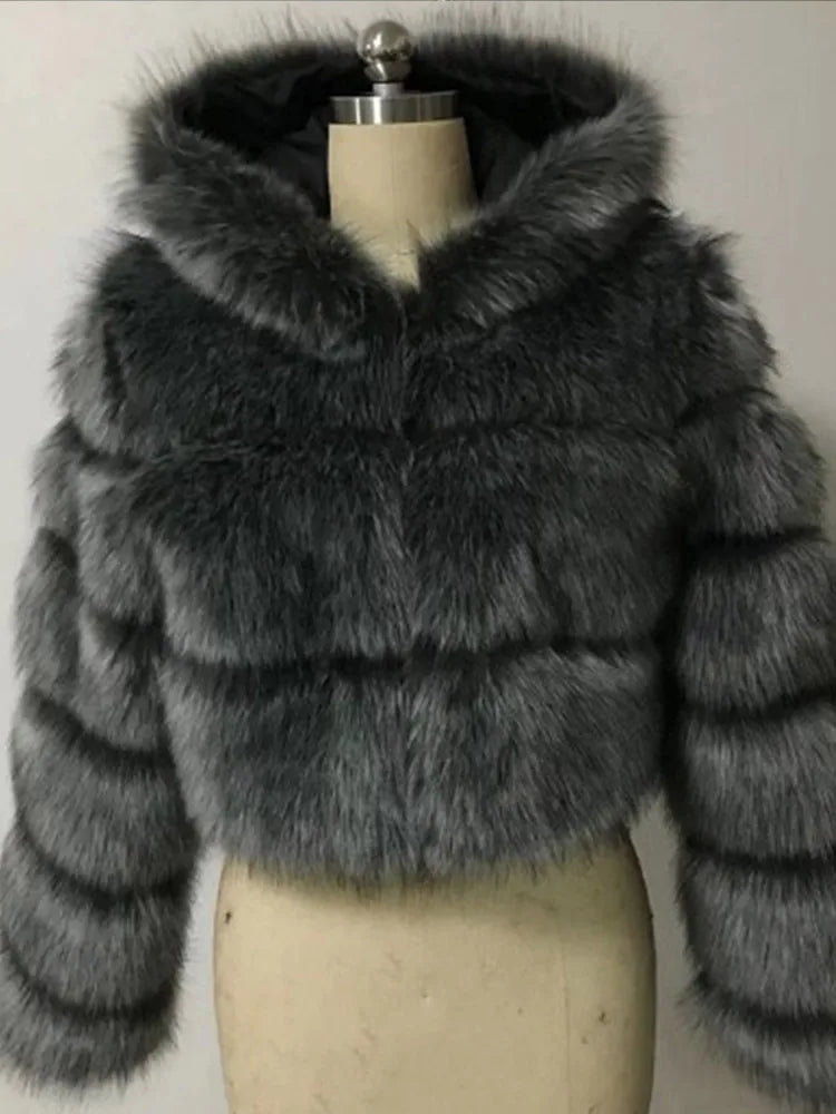 Solid Short Hooded Faux Fur Coat Women Chic Full Sleeve Zipper Cropped Loose Warm Coats Lady Winter Daily Highstreet Outerwears