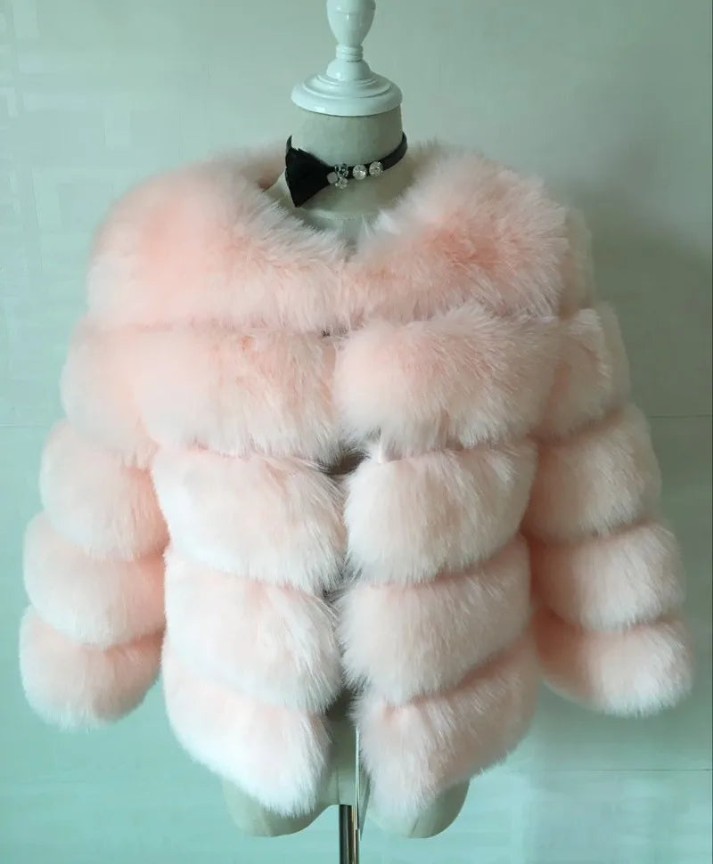 Faux Fur Women Coats Solid Round Neck Full Sleeve Coat Thick Warm Fox Short Open Stitch Elegant Splice Autumn Winter 2024