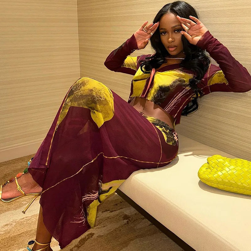 Leosoxs Two Piece Skirt Sets African Outfits Women Long Sleeve Crop Top + Single Breasted Skirts Suit Female Streetwear Clothing