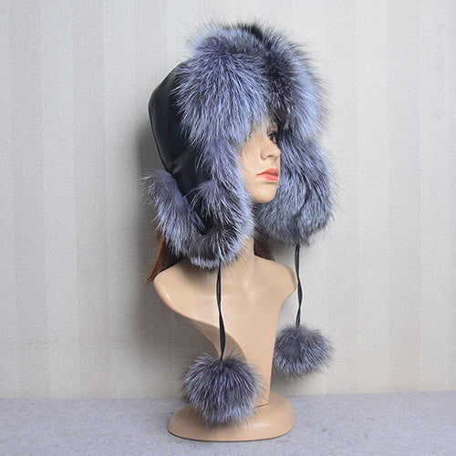 Winter Fur Hat for Women Hat with Ear Real Fox Fur Caps Russian Women Bomber Hats Bonnets Trapper Cap Camo Fox Hat Wholesale