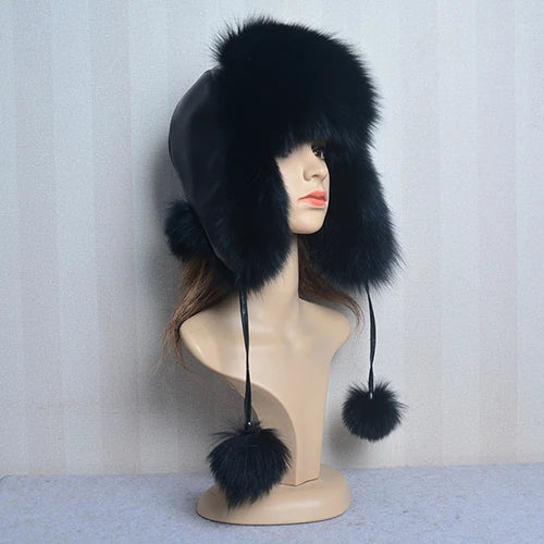 Winter Fur Hat for Women Hat with Ear Real Fox Fur Caps Russian Women Bomber Hats Bonnets Trapper Cap Camo Fox Hat Wholesale