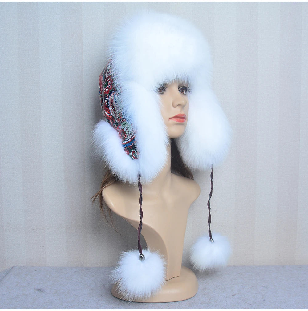 Winter Fur Hat for Women Hat with Ear Real Fox Fur Caps Russian Women Bomber Hats Bonnets Trapper Cap Camo Fox Hat Wholesale