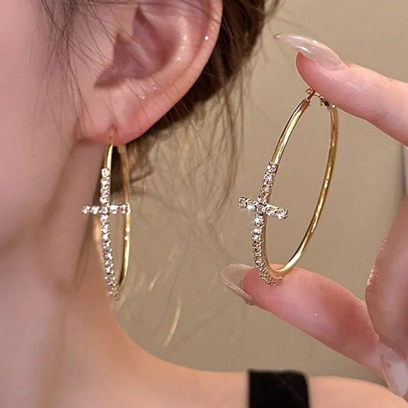 Shiny Big Circel Cross Hoop Earrings for Women Girl Rhinestone Geometric Ear Buckles Earrings Wedding Party Jewelry Accessories