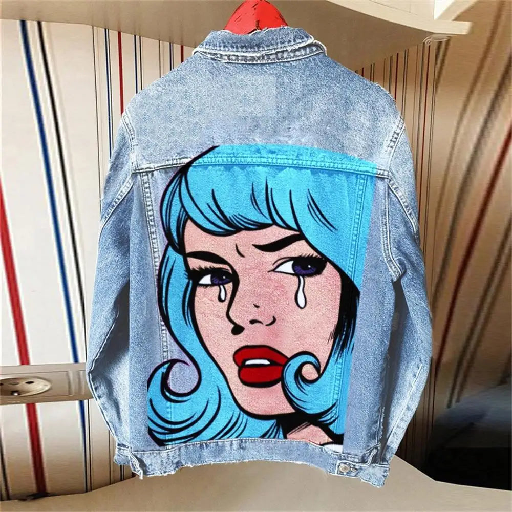 Women's Clothing 2024 Autumn New Hot Street Fashion INS Net Red Personality Sweet Love Girl Print Lapel Denim Jacket