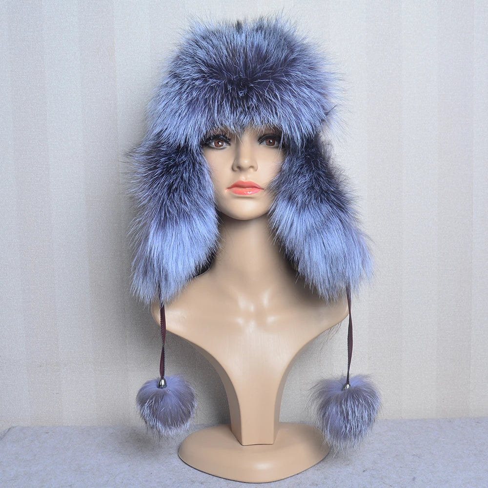 Winter Fur Hat for Women Hat with Ear Real Fox Fur Caps Russian Women Bomber Hats Bonnets Trapper Cap Camo Fox Hat Wholesale