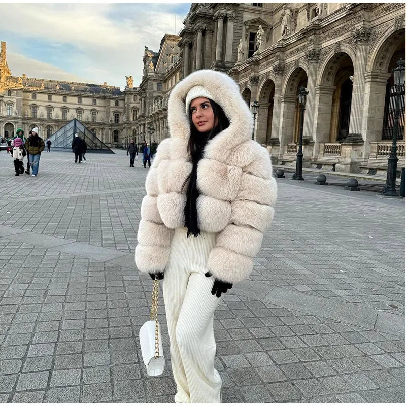 Solid Short Hooded Faux Fur Coat Women Chic Full Sleeve Zipper Cropped Loose Warm Coats Lady Winter Daily Highstreet Outerwears