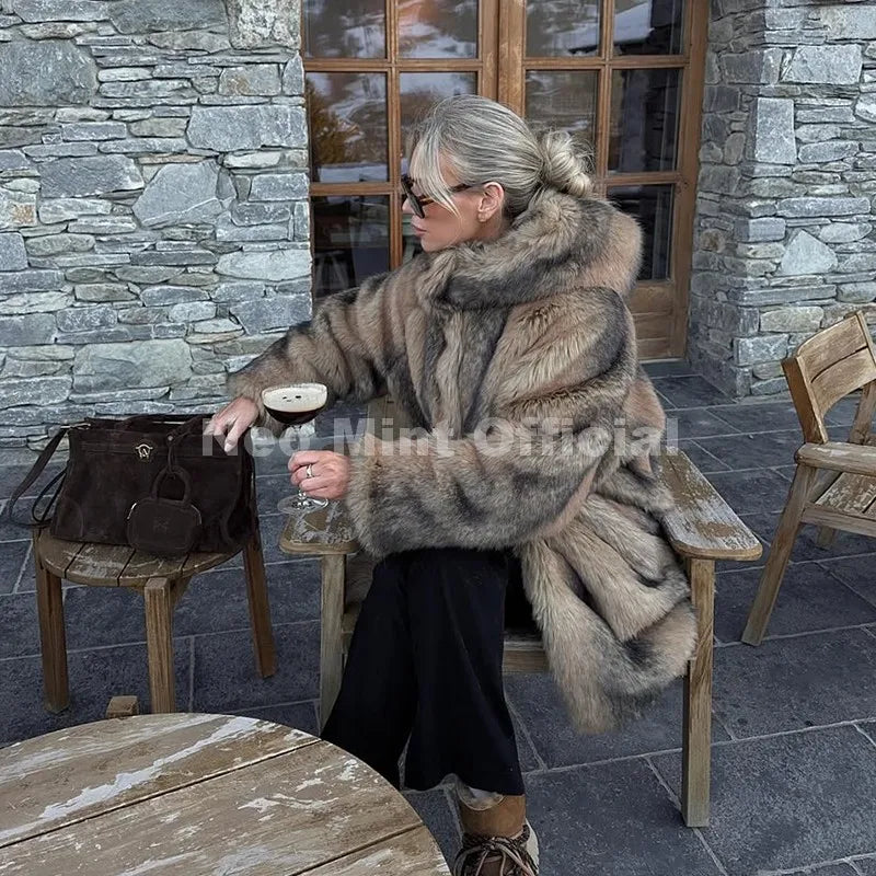 Neo Mint Vintage Luxury Fashion Hooded Faux Fur Coat Women 2025 Winter Slavic Style Girl Striped Fox Fur Jacket Long Overcoat