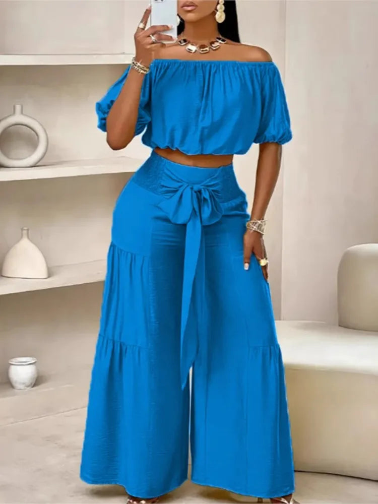 Fashion Puff Sleeve Short Top Sets Ladyelegant O Neck Tops+High Waist Lace-up Wide Leg Pants 2 Pieces Set For Woman Holiday New