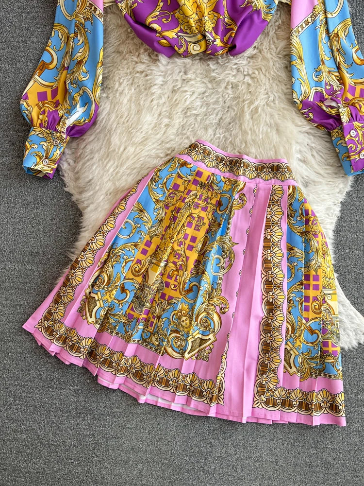 Spring Summer Vintage Short Skirt Two Piece Set for Women Fashion High Waist and Shirts Top 2 Piece Sets Pleated Skirts Outfits