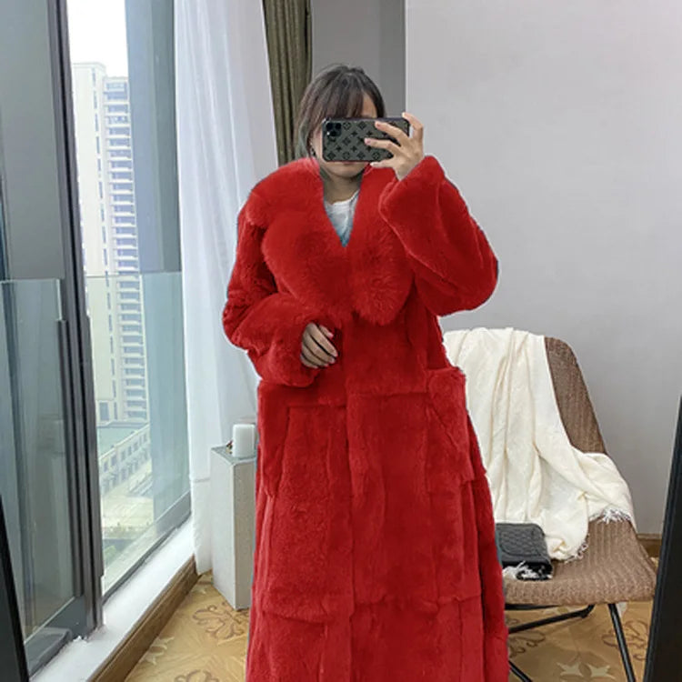 New Faux Fur Coat Women's Mid-Length Coat Fashion Loose Belly Covered Tide Sashes Winter Warm Outwear Solid Color