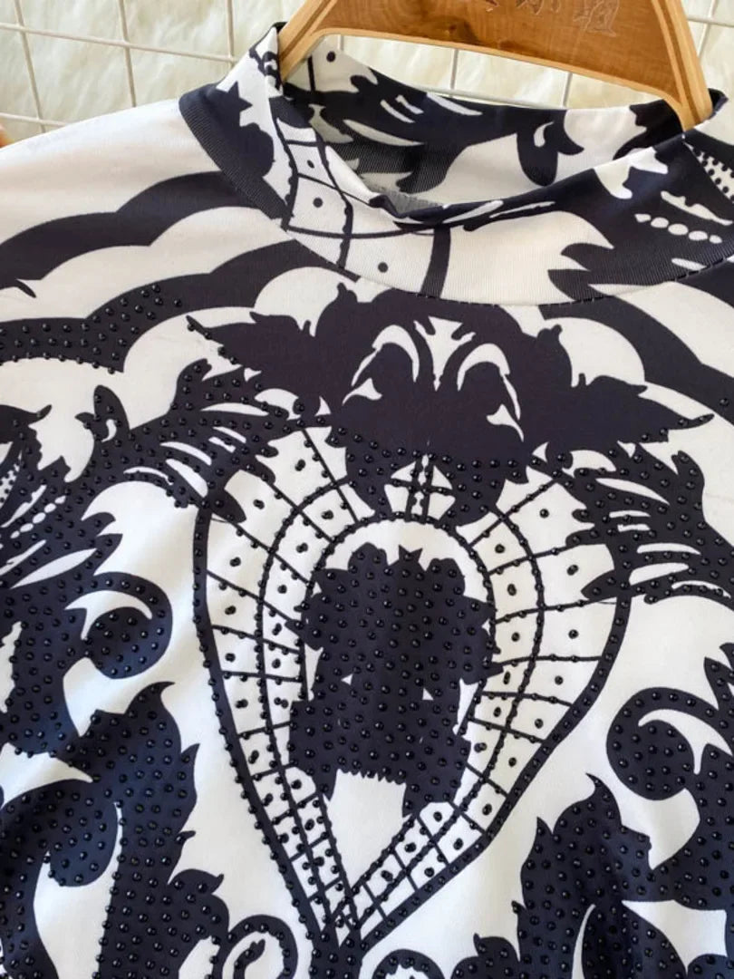 Women Bodysuit 2025 New Spring Fashion Diamonds Long Sleeve T-shirt Casual Streetwear Floral Print Sexy Skinny Bodycon Tops