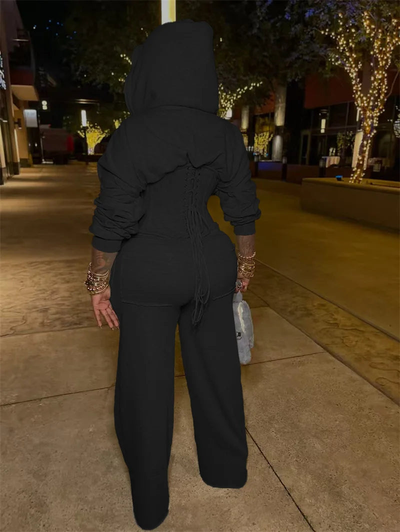 Streetwear Casual Tracksuit Woman 2 Piece Sets Sporty Zipper Hooded Lace-up Bandage Corset Jacket and Sweatpants Matching Set