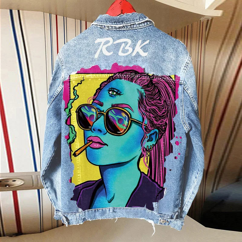 Women's Clothing 2024 Autumn New Hot Street Fashion INS Net Red Personality Sweet Love Girl Print Lapel Denim Jacket