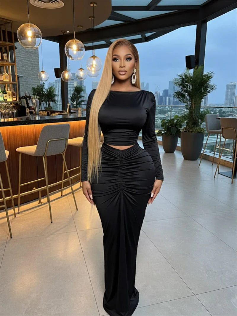 Doyerl Elegant Bodycon Maxi Dress Sets Woman 2 Piece Club Outfit Party Long Sleeve Top + Long Skirt Matching Set Ensembles Robes