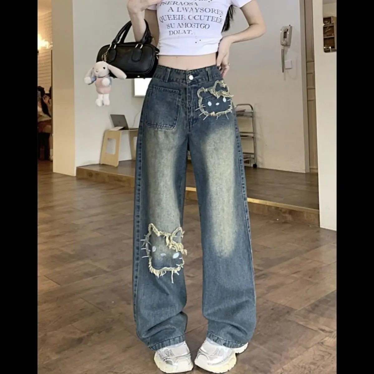 Streetwear Hello Kitty Wide Leg Pants Y2K Sanrio Jeans Women Vintage Blue Casual Loose Straight Trousers Cartoon Fashion Pants