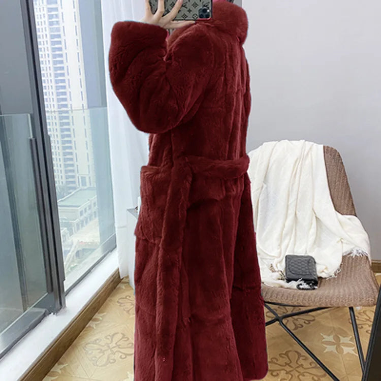New Faux Fur Coat Women's Mid-Length Coat Fashion Loose Belly Covered Tide Sashes Winter Warm Outwear Solid Color