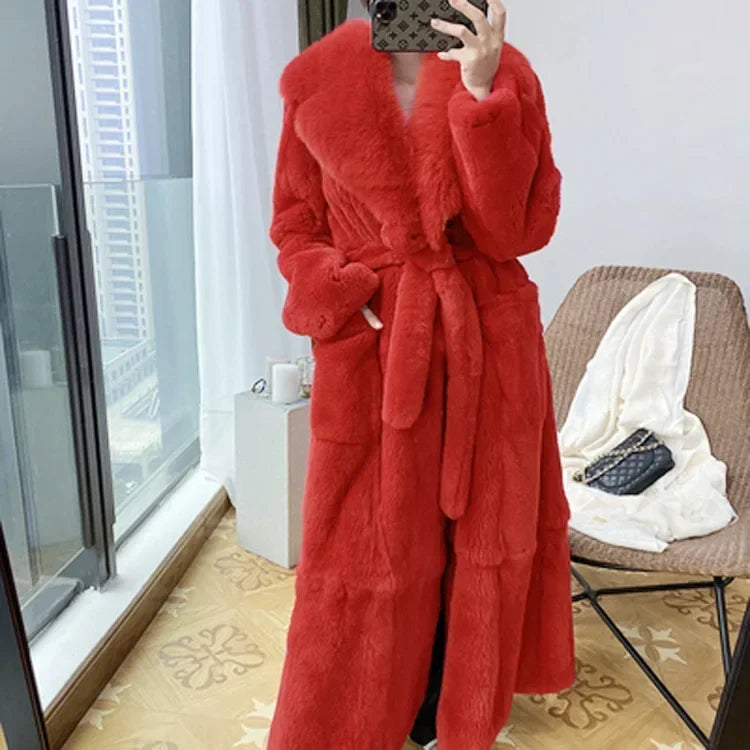 New Faux Fur Coat Women's Mid-Length Coat Fashion Loose Belly Covered Tide Sashes Winter Warm Outwear Solid Color