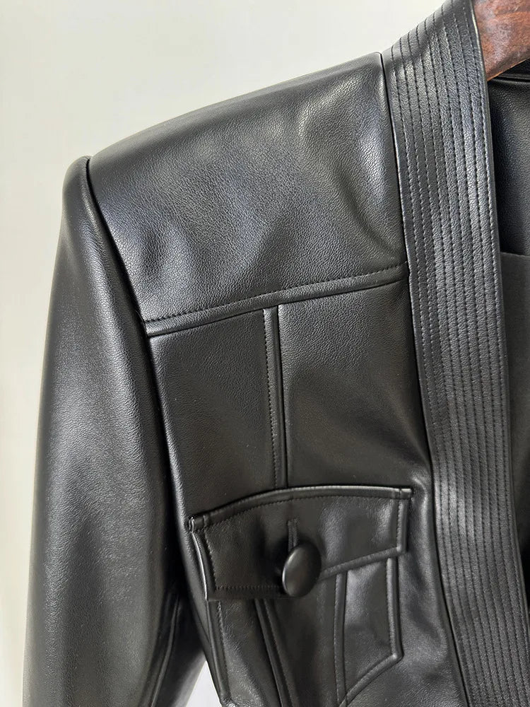 HIGH STREET Newest 2025 Designer Jacket Women's Belt Slim Fitting Leather Button Pocket Decoration Artificial Leather Blazer