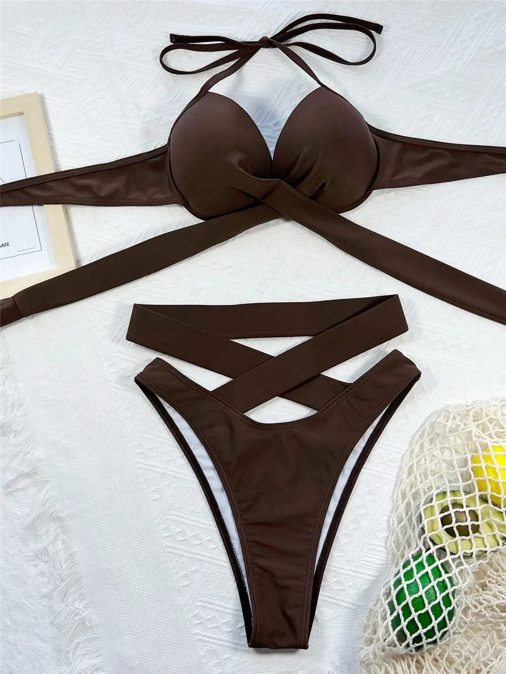 Black High Waisted Bikini Push Up Women String Halter Swimwear Cross Bandage Swimsuit Bathing Suit Brazilian Bikinis Sets 2025