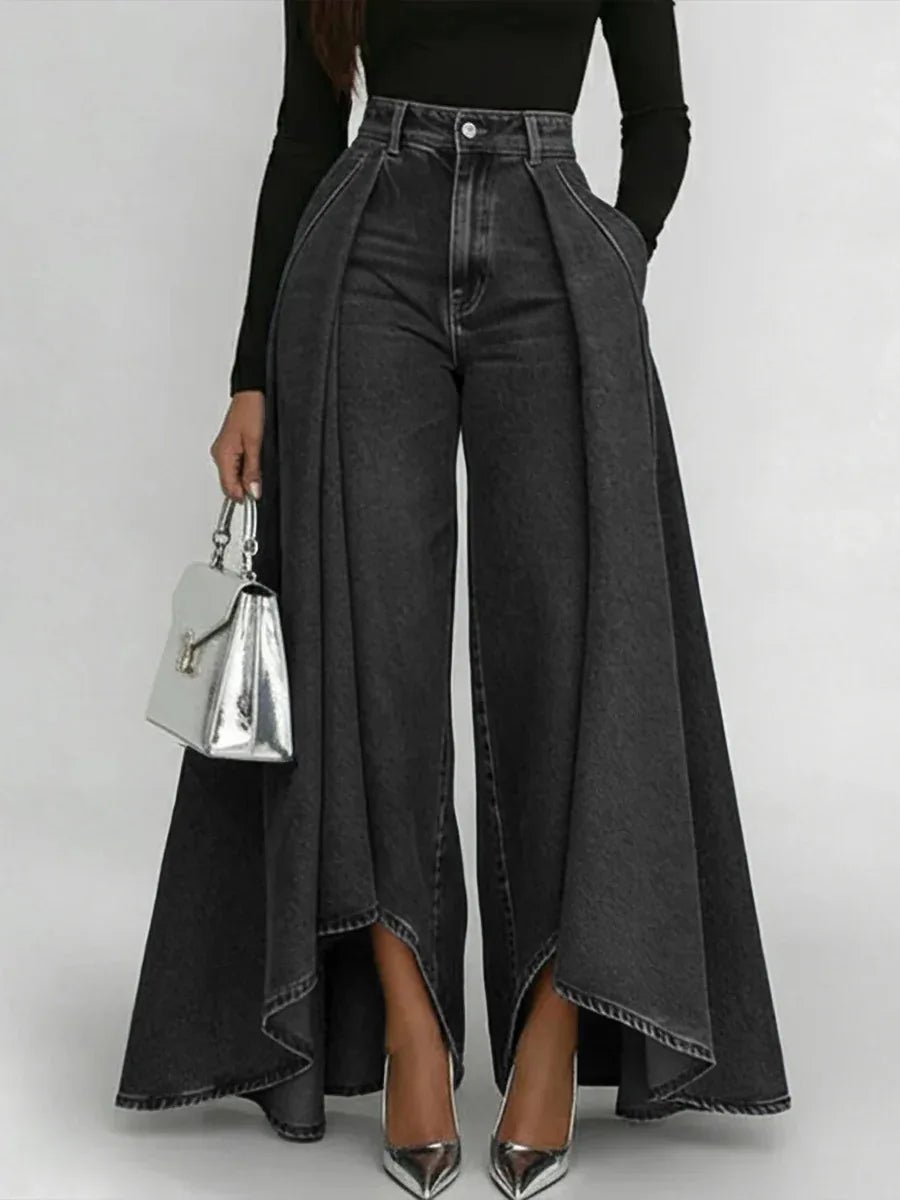 Fashion High Rise Denim Culottes Jeans Side Drape Oversized Wide Leg Pants Loose Fit Casual Street Trousers