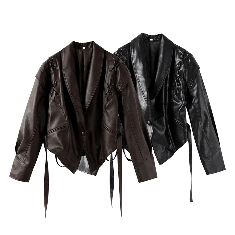 Women Leather Bomber Jackets Coats With Belt Notched Shoulder Pads Motorcycle Street Chic Short Outwear Fashion Solid Lace Up