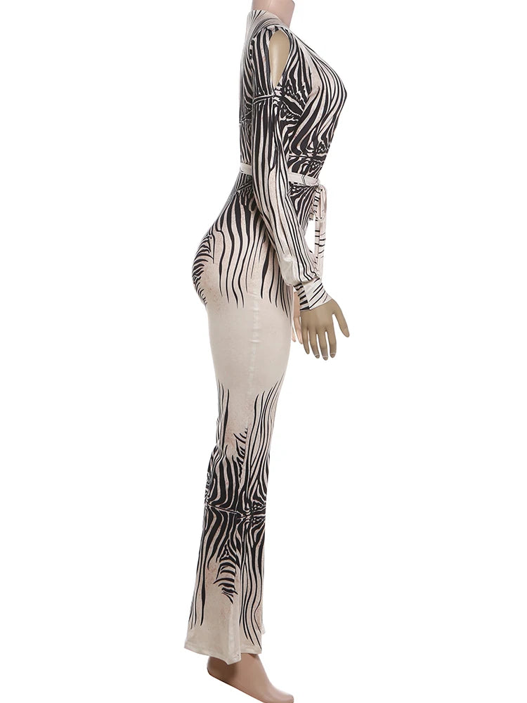 Kliou Stripe Patchwork Flared Jumpsuit Woman Deep V-Neck Hollow Off Shoulder Full Sleeve High Street Sexy Fashion Style Overalls