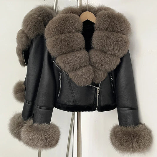Fox Fur Coat Winter Warm Real Fur Cuffs Clothes Women Short Faux Leather Fake Fur Inner Jacket Thick Reality Fur Jacket Female