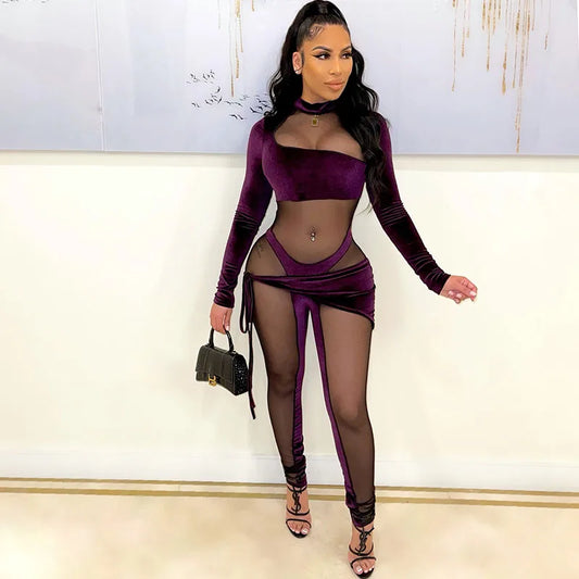Sexy See-through Mesh Patchwork Velvet Jumpsuit Women Clubwear Long Sleeve Rompers Womens Jumpsuit Bodycon Overalls for Women