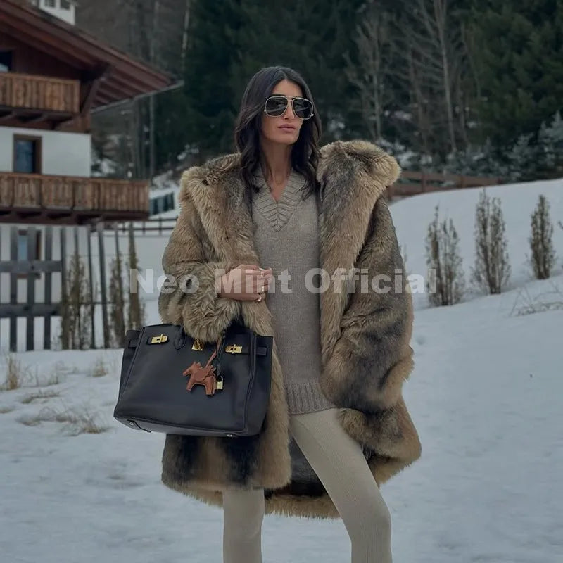 Neo Mint Vintage Luxury Fashion Hooded Faux Fur Coat Women 2025 Winter Slavic Style Girl Striped Fox Fur Jacket Long Overcoat